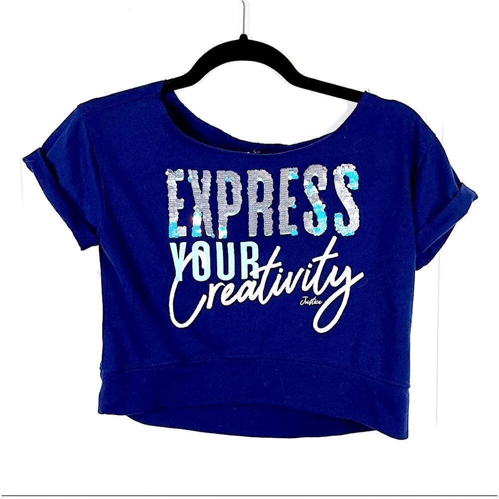 🌴 Justice “Express Your Creativity” Flip Sequin Crop Tee Navy Blue Girls 10